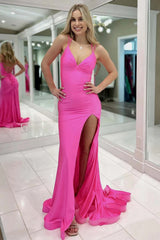 Simple Hot Pink Mermaid Prom Dress with Double Straps Lace Up Closure and Long Silhouette
