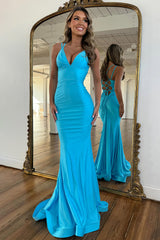 Simple Lake Blue Mermaid Prom Dress with Lace Up Double Straps and Satin Fabric