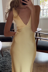 Simple Sheath Deep V Neck Yellow Long Prom Dress with Open Back