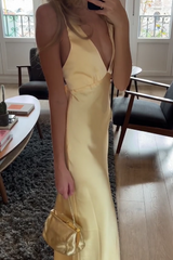 Simple Sheath Deep V Neck Yellow Long Prom Dress with Open Back