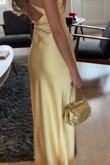 Simple Sheath Deep V Neck Yellow Long Prom Dress with Open Back