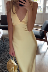 Simple Sheath Deep V Neck Yellow Long Prom Dress with Open Back