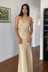 Simple Sheath Spaghetti Straps Champagne Long Party Dress with Backless