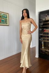 Simple Sheath Spaghetti Straps Champagne Long Party Dress with Backless