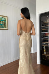 Simple Sheath Spaghetti Straps Champagne Long Party Dress with Backless