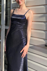 Simple Sheath Spaghetti Straps Navy Long Party Dress