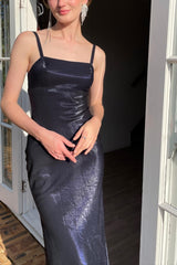 Simple Sheath Spaghetti Straps Navy Long Party Dress