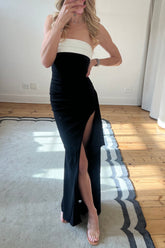 Simple Sheath Strapless Black Long Prom Dress with Ruched Split Front
