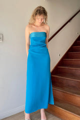 Simple Sheath Strapless Blue Tea Length Party Dress