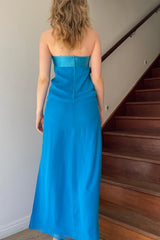 Simple Sheath Strapless Blue Tea Length Party Dress