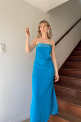 Simple Sheath Strapless Blue Tea Length Party Dress