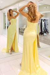 Yellow Strapless Satin Prom Dress with Long Silhouette and Side Slit