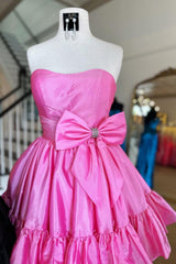 Simple Pink A-Line Strapless Homecoming Dress with Satin Fabric and Bowknot Detail