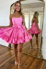 Simple Pink A-Line Strapless Homecoming Dress with Satin Fabric and Bowknot Detail