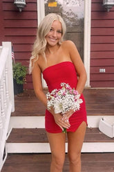 Cute Sheath Strapless Red Satin Short Homecoming Dress with Slit