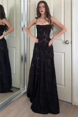 Sleek Black Lace Formal Dress with Spaghetti Straps and Flared Skirt