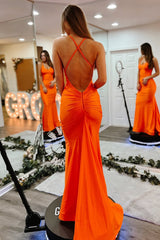 Sleek Orange Mermaid Gown with Criss Cross Back and Smooth Satin Finish Prom Dress