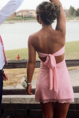 Soft Blush Pink Strapless Mini Homecoming Dress with Lace Trim