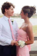 Soft Blush Pink Strapless Mini Homecoming Dress with Lace Trim