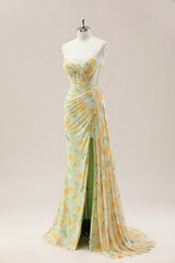 Yellow Sweetheart Ruched Mermaid Gown with Glitter Floral Pattern and High Slit