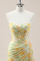Yellow Sweetheart Ruched Mermaid Gown with Glitter Floral Pattern and High Slit