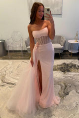 Soft Pink Sparkly Strapless Corset Mermaid Prom Dress with Side Tulle Train