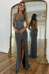 Sophisticated Black Pearls Mermaid V-Neck Backless Slit Prom Evening Gown