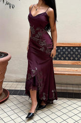 Sophisticated Burgundy Satin Prom Dress with Spaghetti Straps and Lace Detail