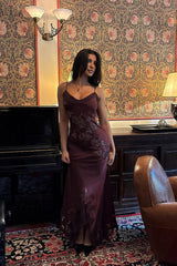 Sophisticated Burgundy Satin Prom Dress with Spaghetti Straps and Lace Detail