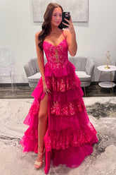 Fuchsia Spaghetti Strap Prom Dress with Sequin Lace Bodice Tiered Tulle Ruffles