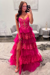 Fuchsia Spaghetti Strap Prom Dress with Sequin Lace Bodice Tiered Tulle Ruffles