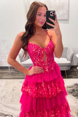 Fuchsia Spaghetti Strap Prom Dress with Sequin Lace Bodice Tiered Tulle Ruffles
