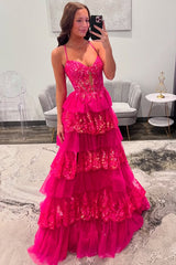 Fuchsia Spaghetti Strap Prom Dress with Sequin Lace Bodice Tiered Tulle Ruffles