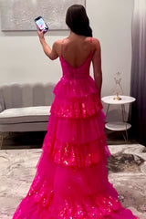 Fuchsia Spaghetti Strap Prom Dress with Sequin Lace Bodice Tiered Tulle Ruffles