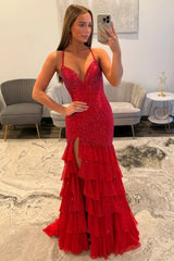 Sparkling Red Beaded Mermaid Prom Evening Gown with Ruffle Skirt