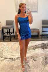 Sparkling Royal Blue Sequin Homecoming Dress with Spaghetti Straps