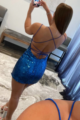 Sparkling Royal Blue Sequin Homecoming Dress with Spaghetti Straps