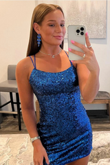 Sparkling Royal Blue Sequin Homecoming Dress with Spaghetti Straps