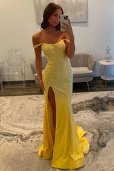 Sparkling Yellow Off Shoulder long Beaded Formal Prom Dress with Leg Slit