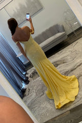 Sparkling Yellow Off Shoulder long Beaded Formal Prom Dress with Leg Slit