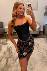 Sparkly Black Corset Homecoming Dress with Red Floral Sequin Mini Skirt