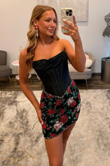 Sparkly Black Corset Homecoming Dress with Red Floral Sequin Mini Skirt