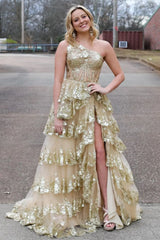 Sparkly Black Prom Dress with One Shoulder Tiered Sequin Layers and Thigh High Slit