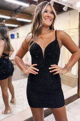 Sparkly Black Bodycon Homecoming Dress with Spaghetti Straps and Beaded Details