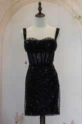 Sparkly Black Straps Short Tight Homecoming Dress with Sequin