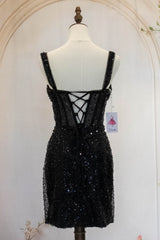 Sparkly Black Straps Short Tight Homecoming Dress with Sequin
