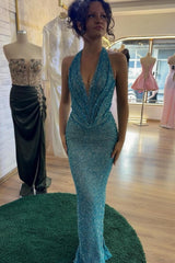 Sparkly Blue Halter Mrmaid Prom Gown with Plunging Neckline