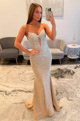 Sparkly Champagne Mermaid Strapless Long Beaded Prom Dress with Cutout
