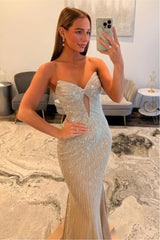 Sparkly Champagne Mermaid Strapless Long Beaded Prom Dress with Cutout