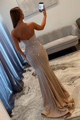 Sparkly Champagne Mermaid Strapless Long Beaded Prom Dress with Cutout